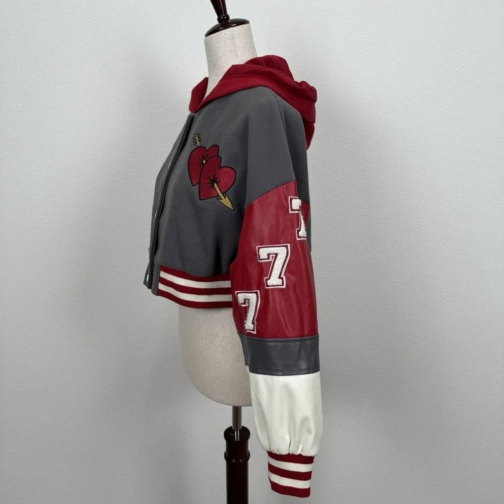 Forever 21 Varsity Jacket Womens Small Red Crop Baby Girl Y2K Bratz Streetwear - Picture 9 of 14